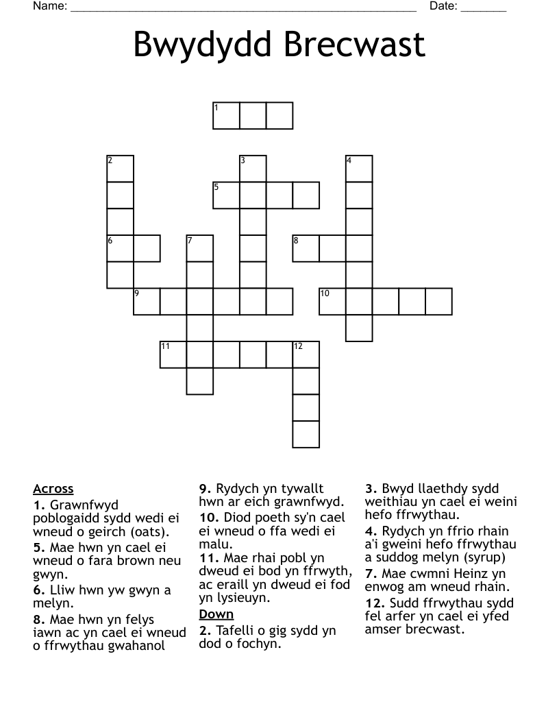 Bwydydd Brecwast Crossword