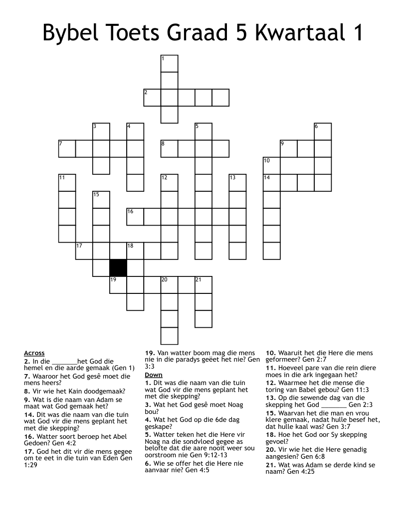 Bybel Toets Graad 5 Kwartaal 1 Crossword