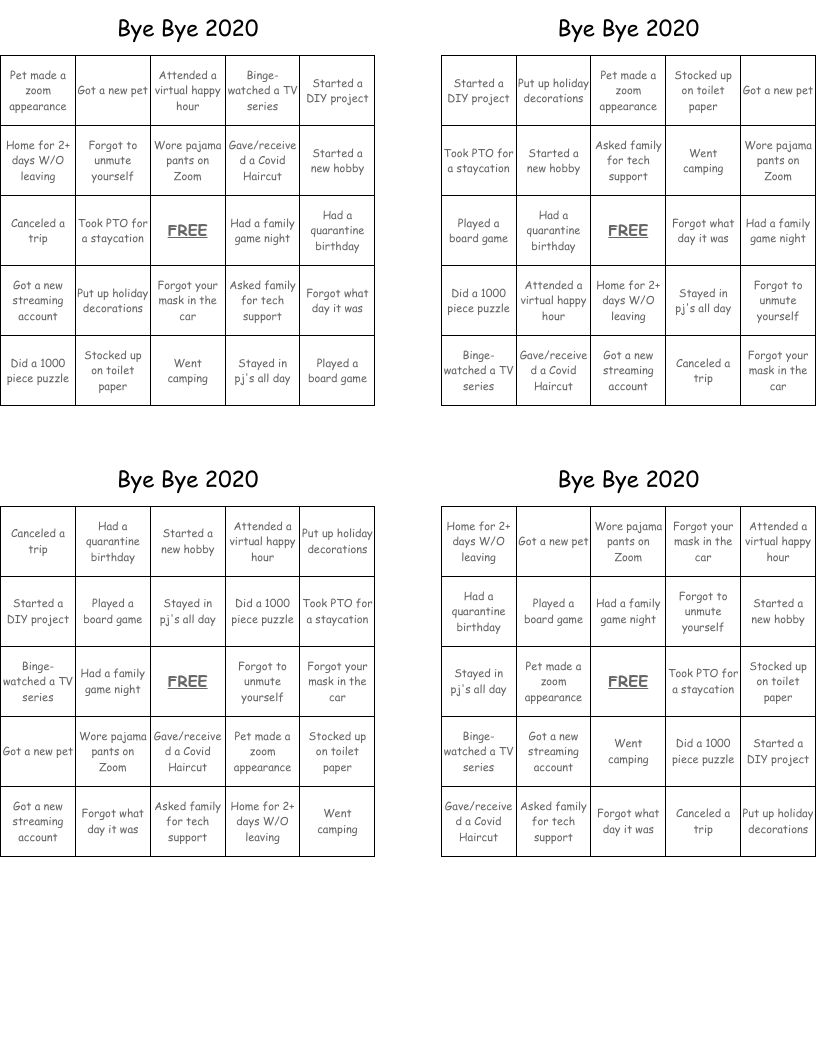 Bye Bye 2020 Bingo Cards