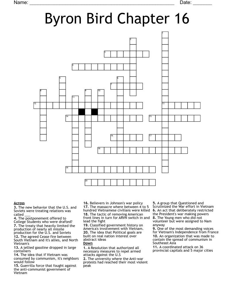 Byron Bird Chapter 16 Crossword
