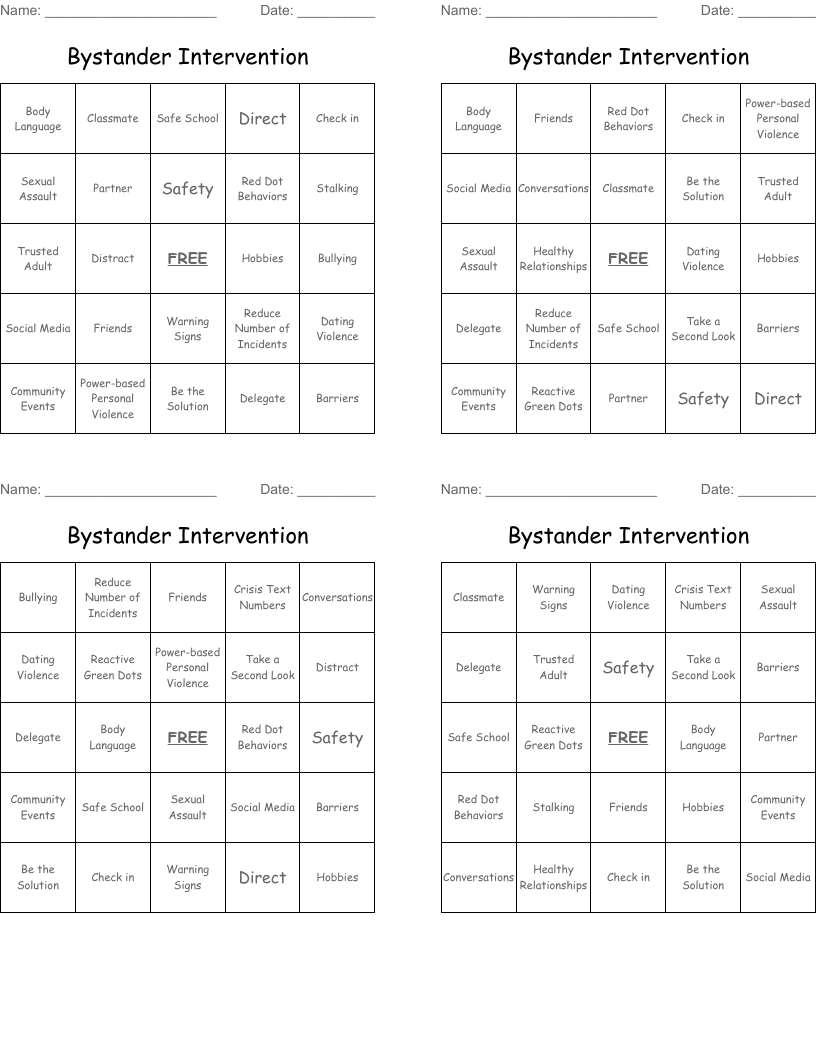 Bystander Intervention Bingo Cards