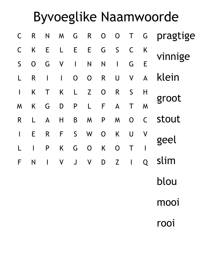 Byvoeglike Naamwoorde Word Search