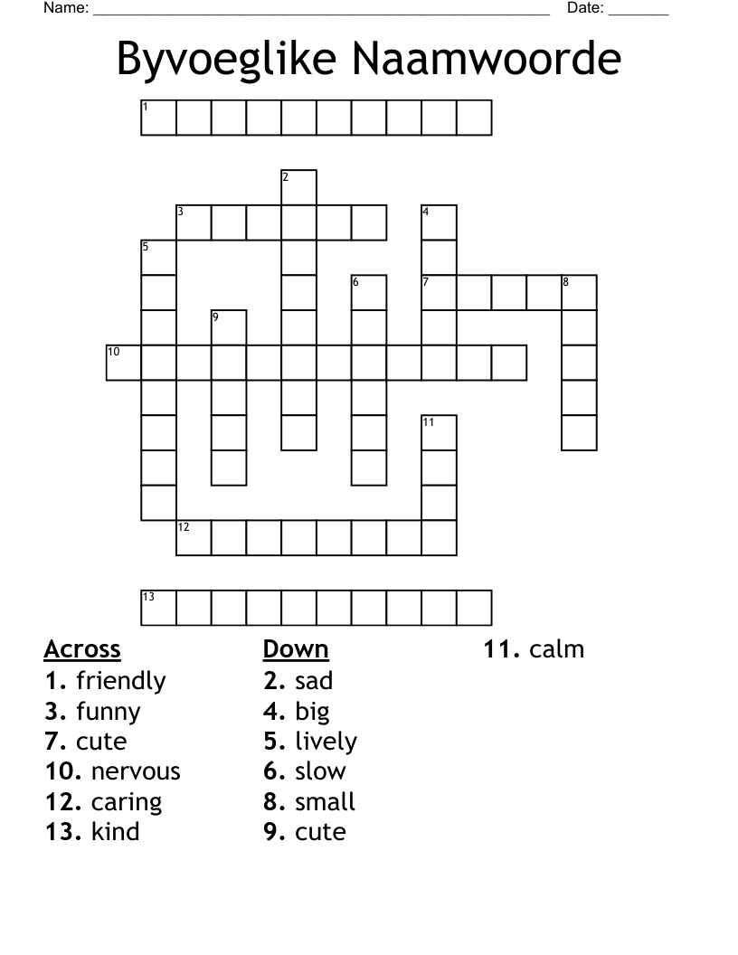 Byvoeglike Naamwoorde Crossword