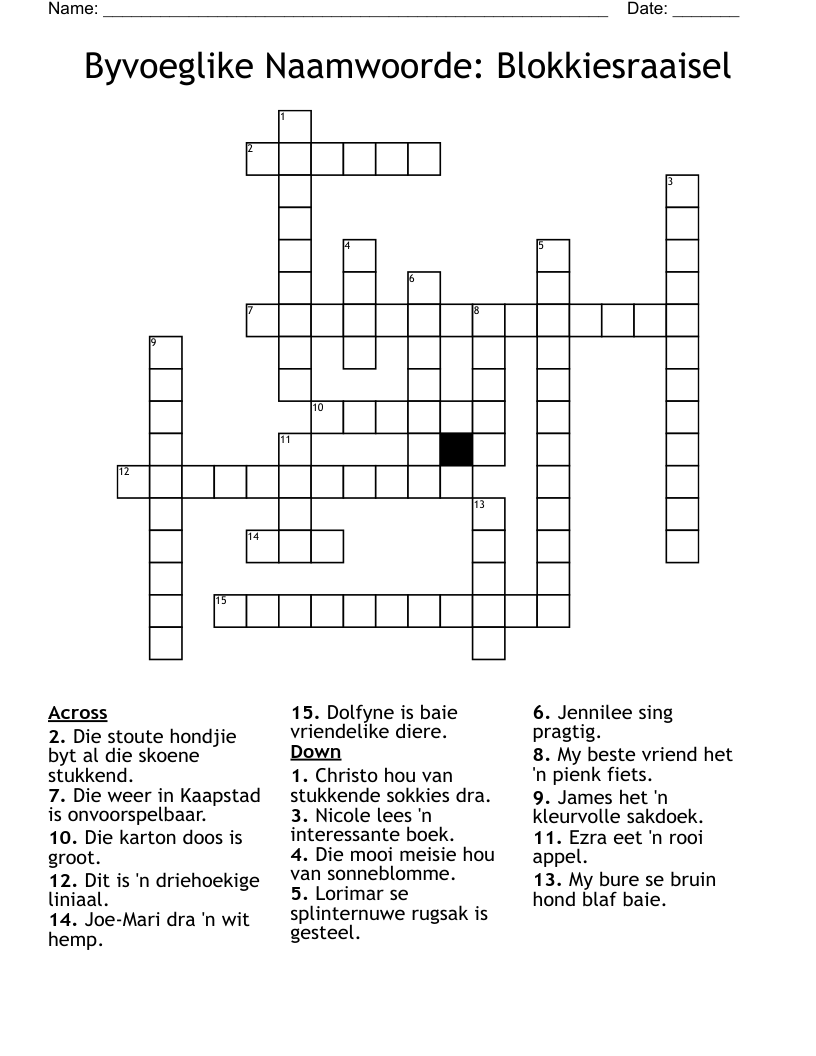 Byvoeglike Naamwoorde: Blokkiesraaisel Crossword