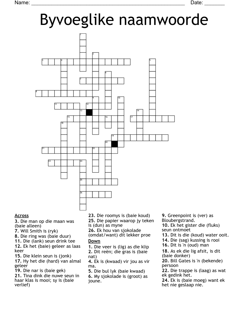 Byvoeglike naamwoorde Crossword