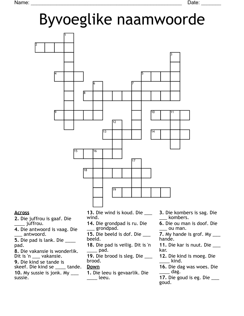 Byvoeglike naamwoorde Crossword