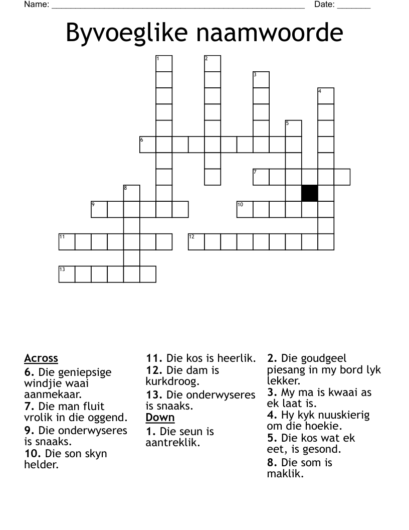 Byvoeglike naamwoorde Crossword
