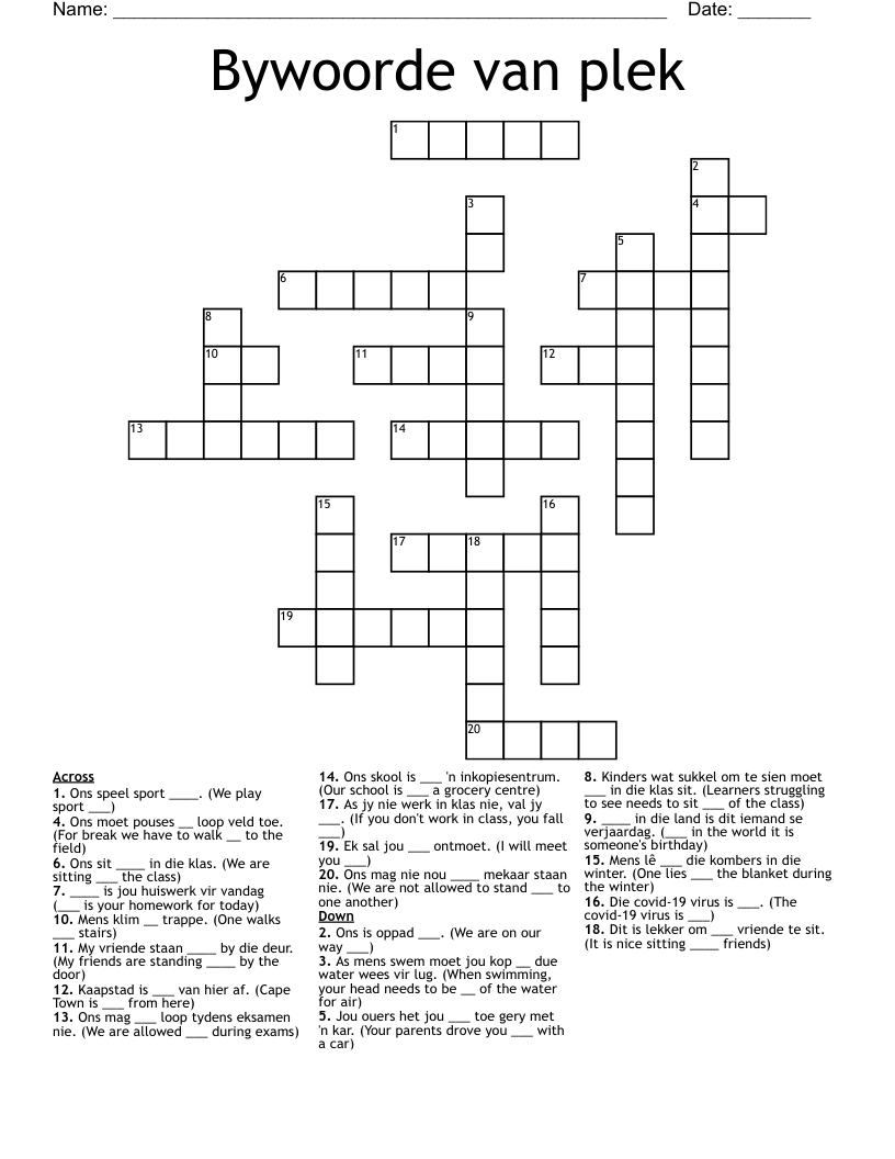 Bywoorde van plek Crossword