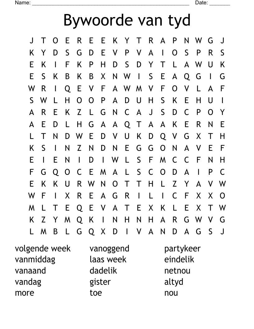 Bywoorde van tyd Word Search