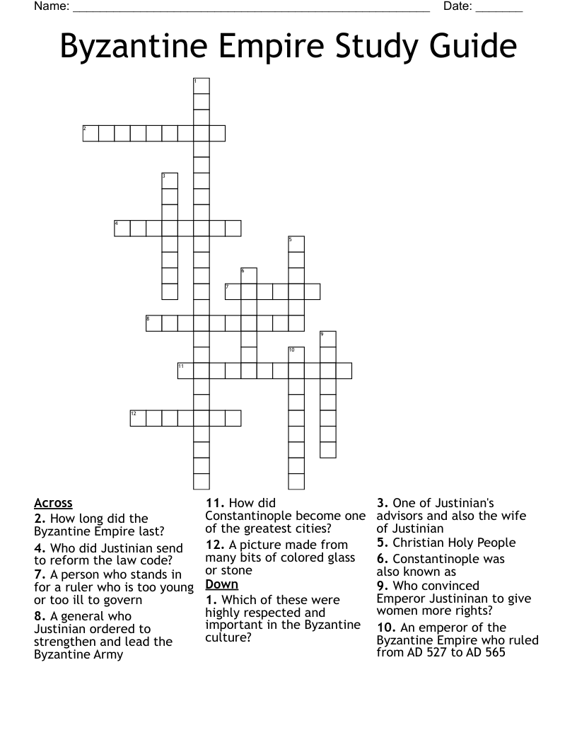 Byzantine Empire Study Guide Crossword