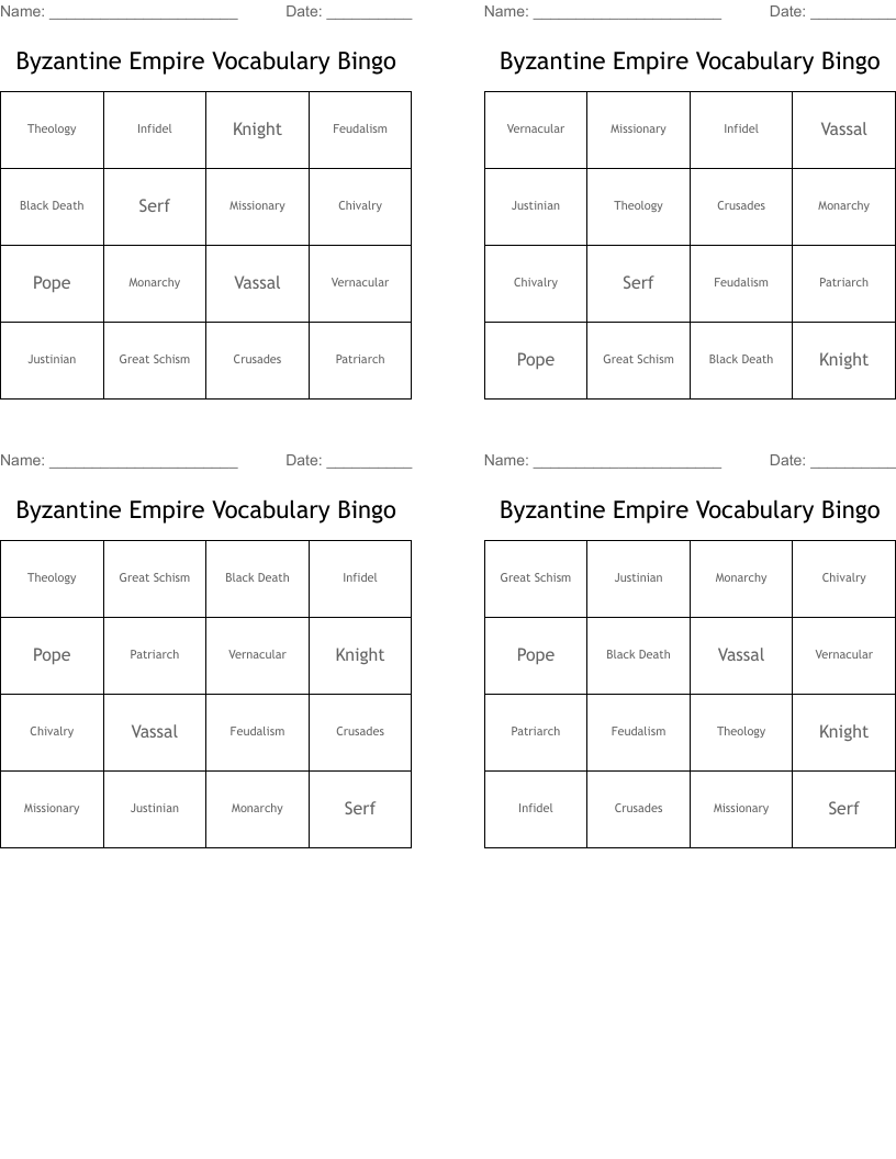 Byzantine Empire Vocabulary Bingo