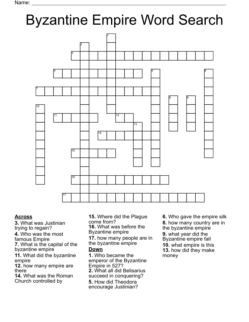 Byzantine Empire Word Search Crossword