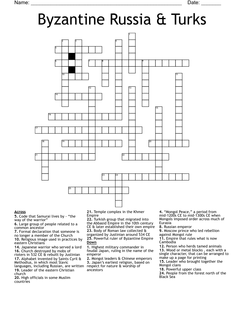 Byzantine Russia & Turks Crossword