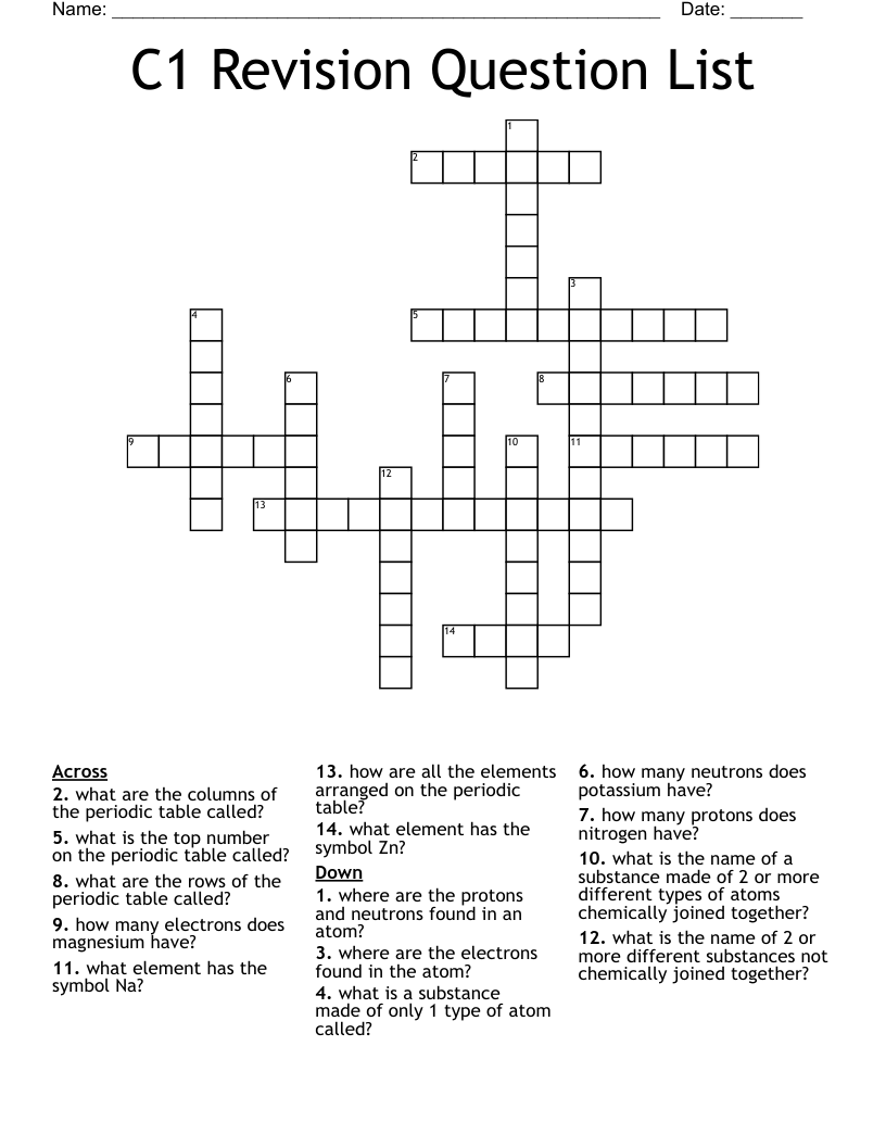 C1 Revision Question List Crossword
