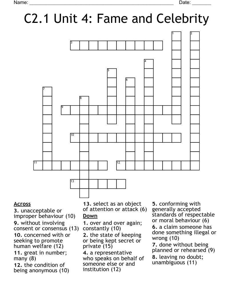 C2.1 Unit 4: Fame and Celebrity Crossword