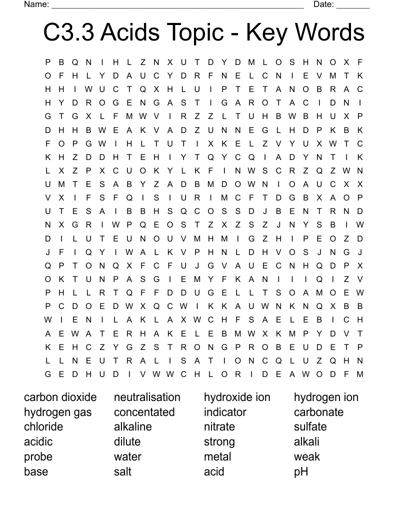 C3.3 Acids Topic - Key Words Word Search