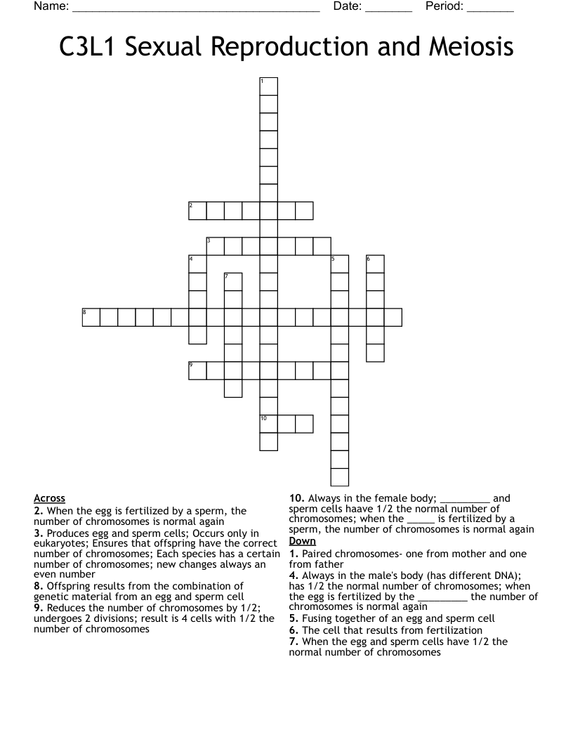 C3L1 Sexual Reproduction and Meiosis Crossword