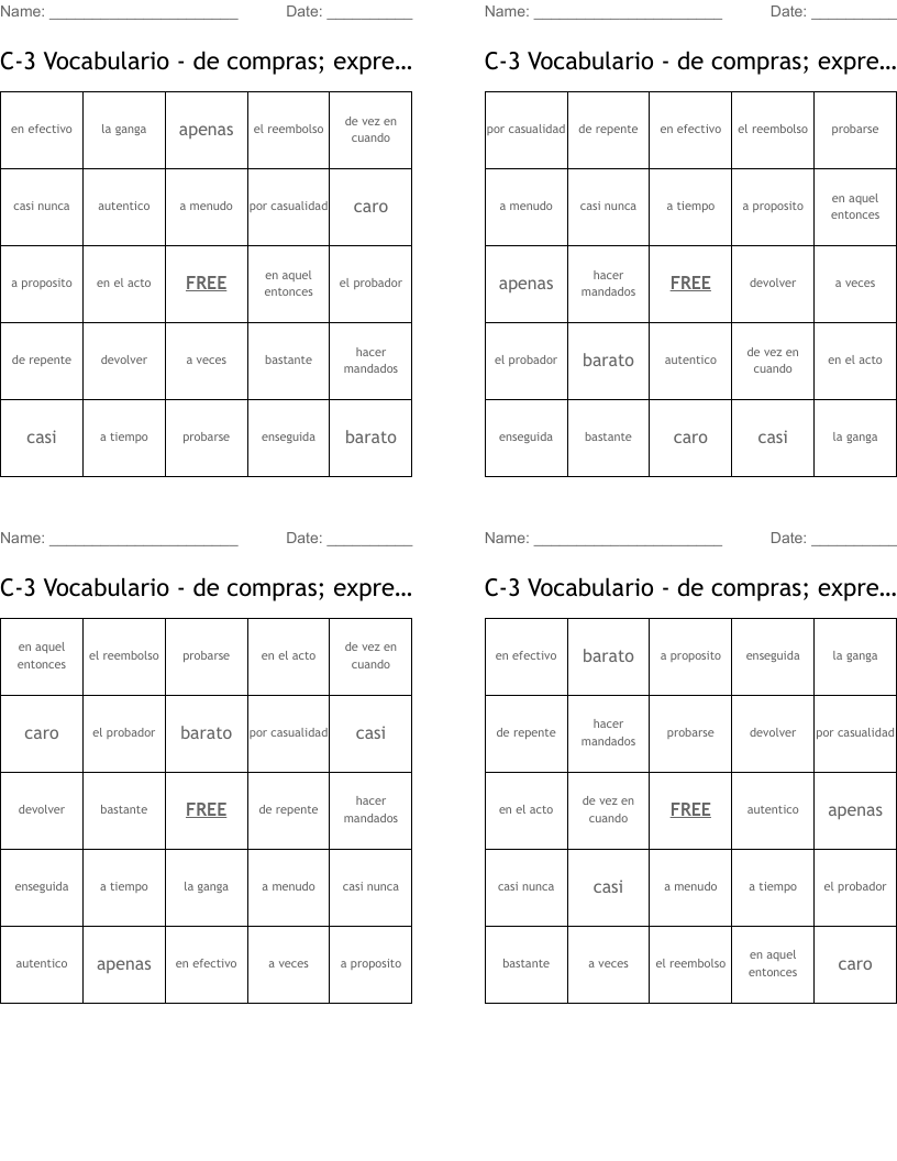 C-3 Vocabulario - de compras; expresiones Bingo Cards