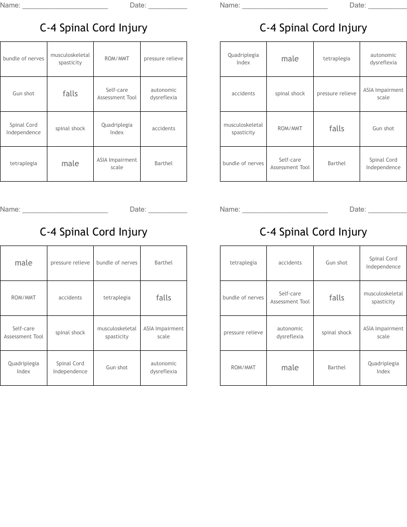 C-4 Spinal Cord Injury Bingo Cards