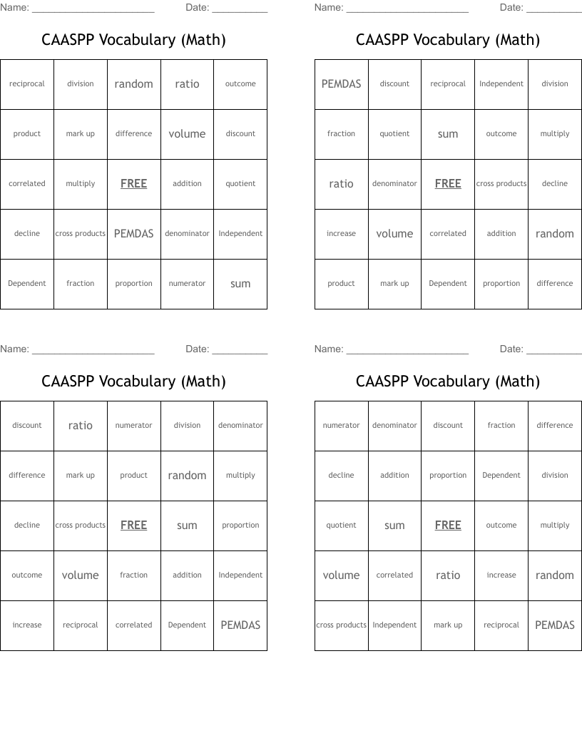 CAASPP Vocabulary (Math) Bingo Cards