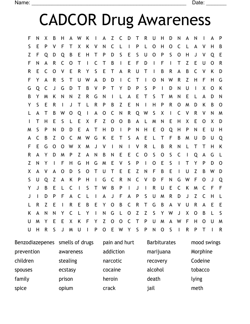 CADCOR Drug Awareness Word Search