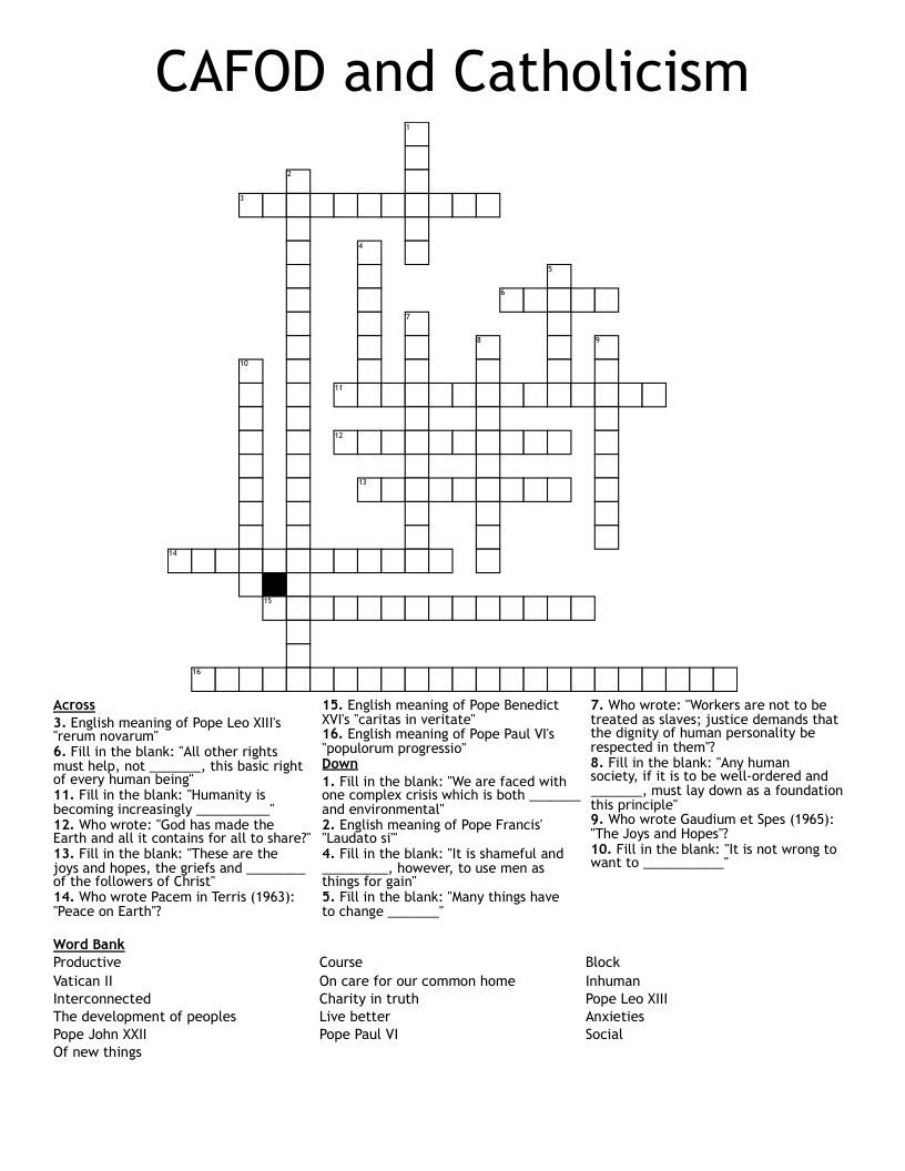 CAFOD and Catholicism Crossword