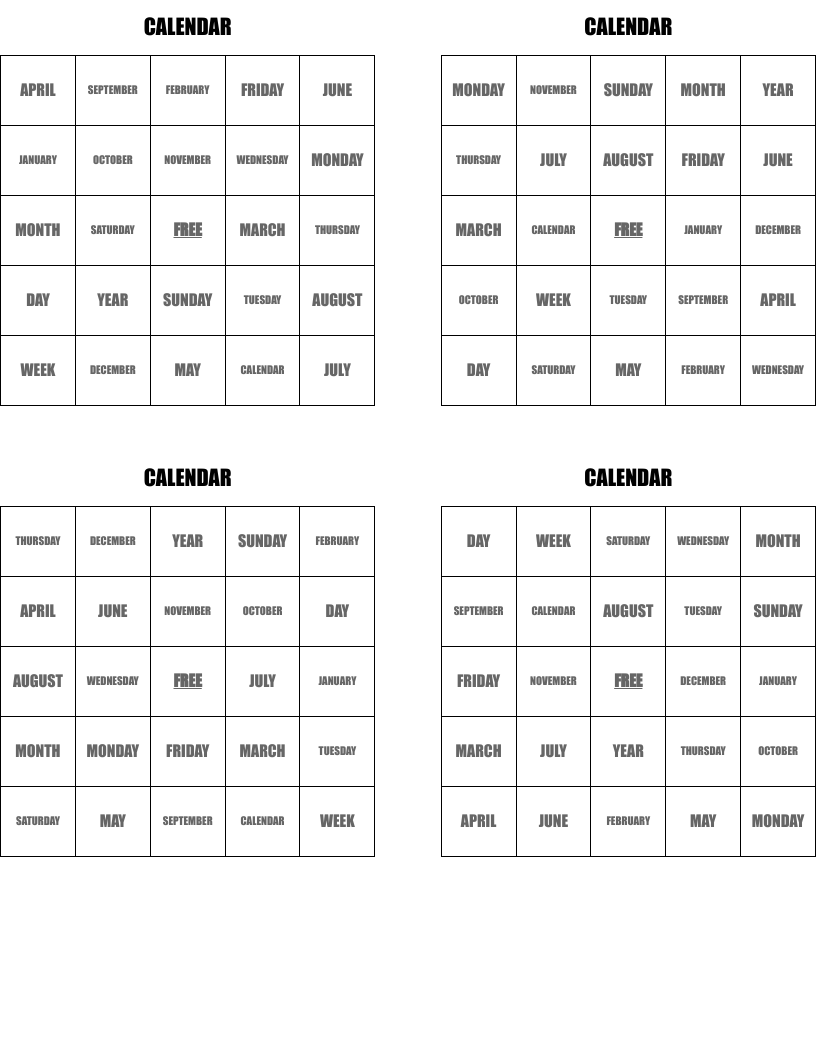 CALENDAR Bingo Cards