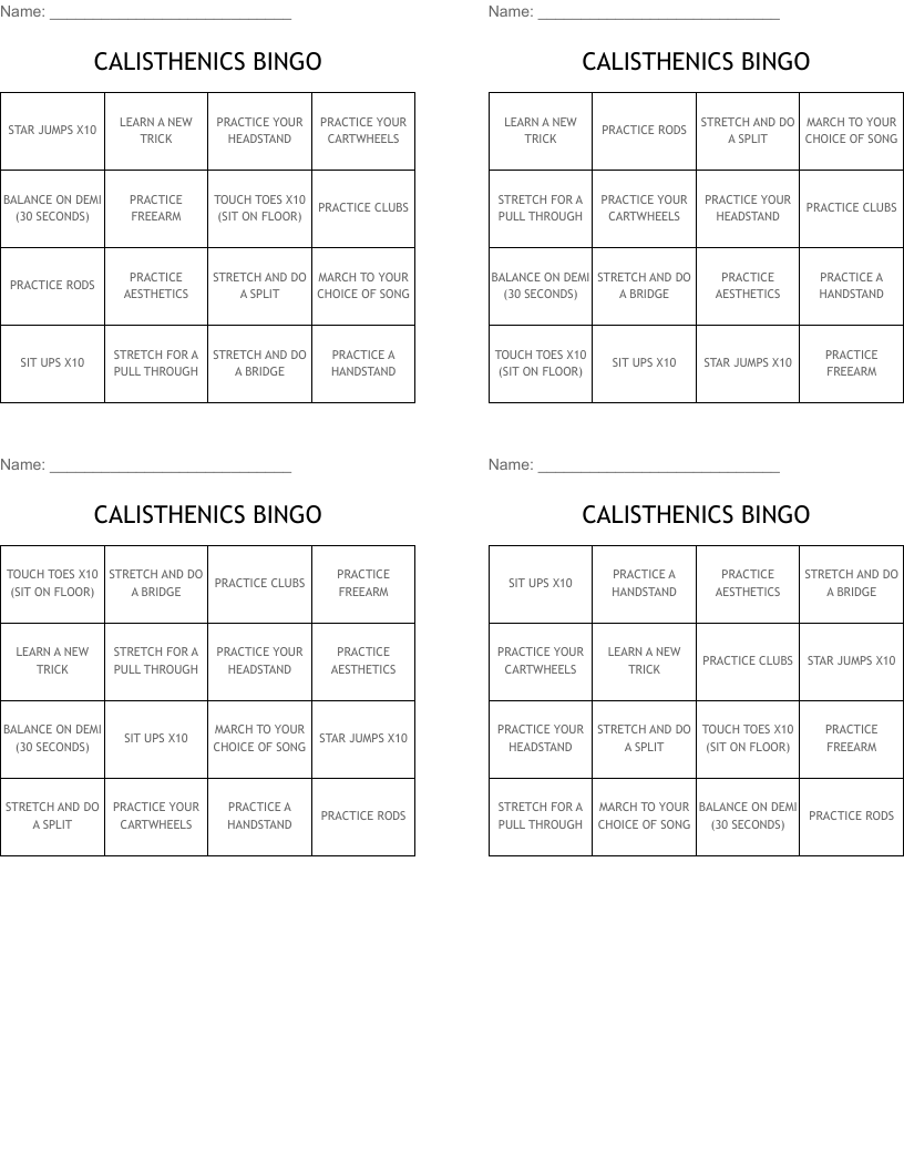 CALISTHENICS BINGO