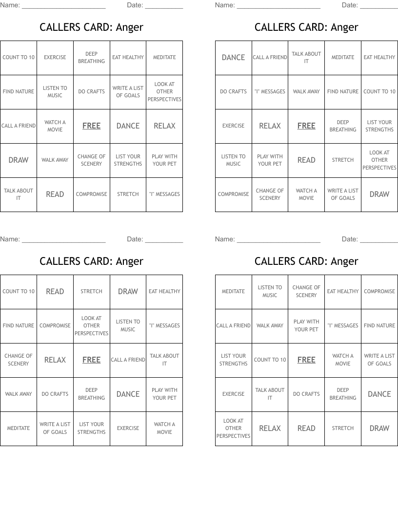 CALLERS CARD: Anger Bingo Cards