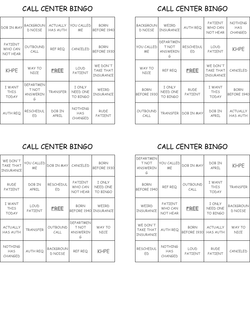 CALL CENTER BINGO