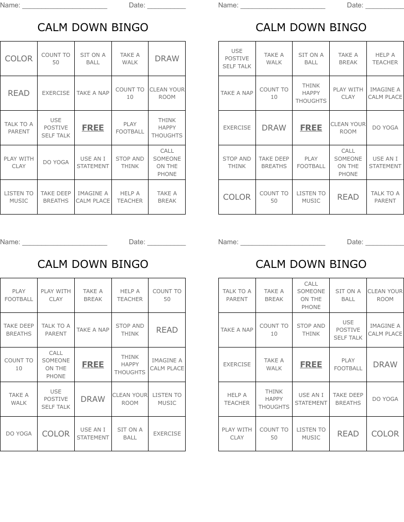 CALM DOWN BINGO
