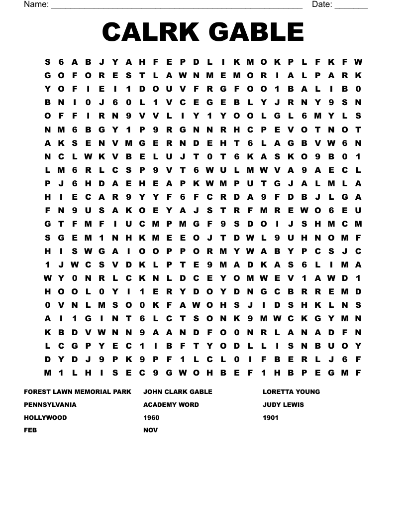 CALRK GABLE Word Search