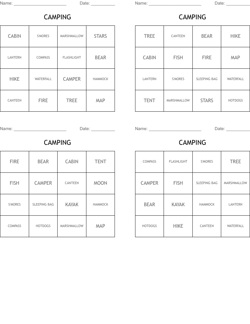 CAMPING Bingo Cards