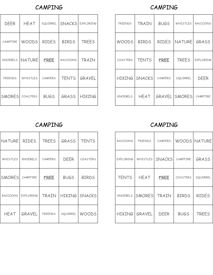 CAMPING Bingo Cards