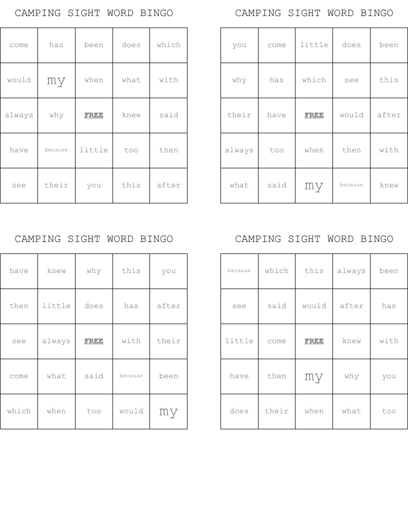 CAMPING SIGHT WORD BINGO