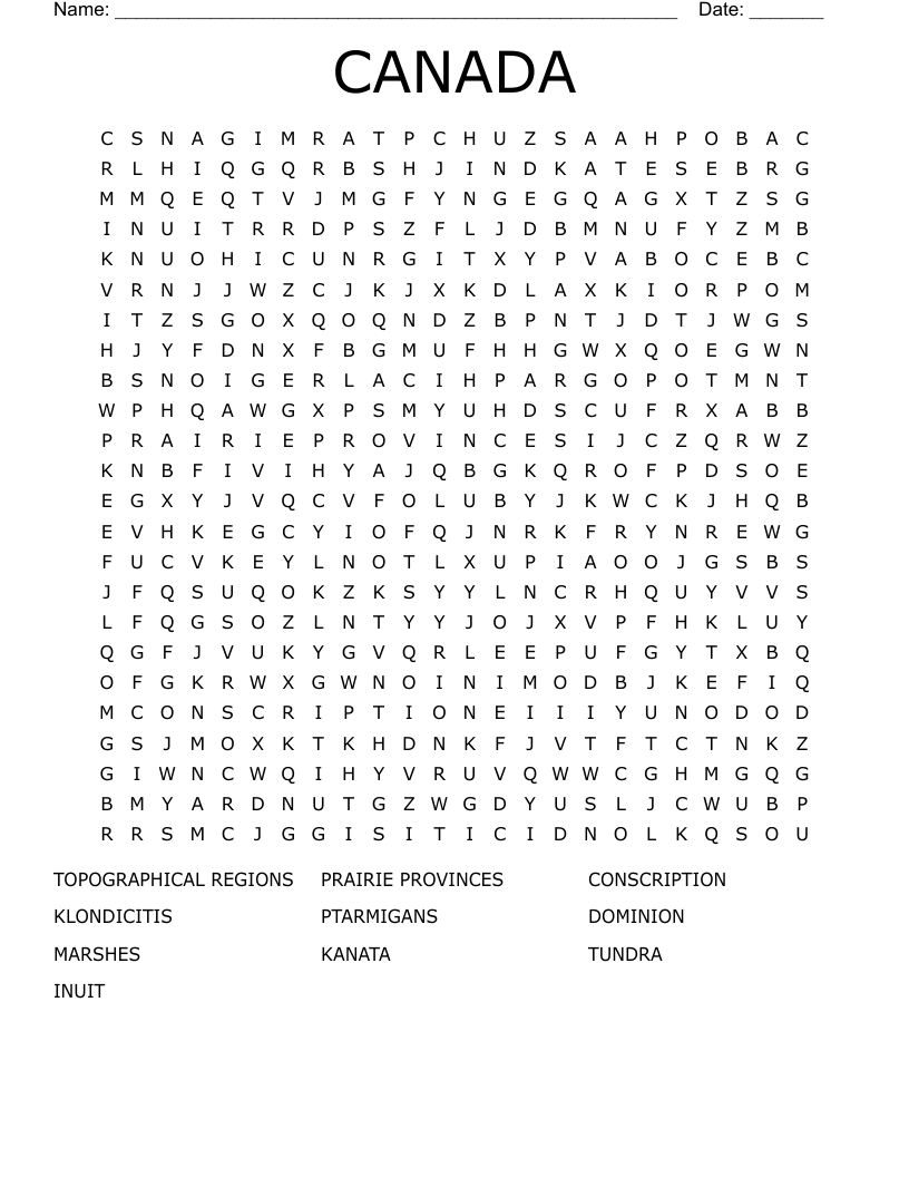 CANADA Word Search