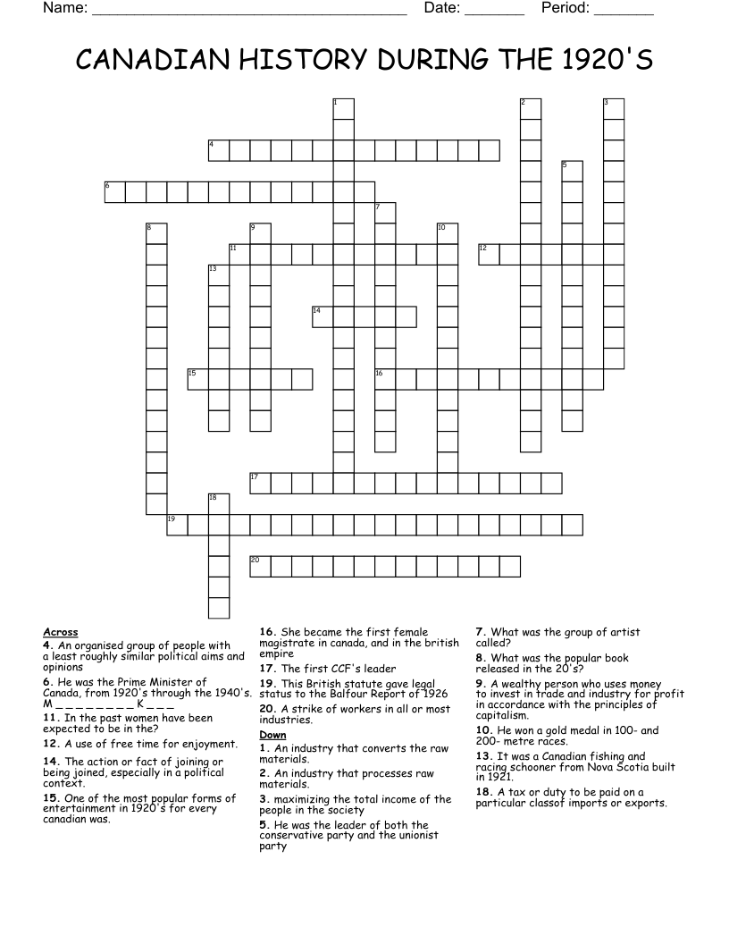 CANADIAN HISTORY DURING THE 1920'S Crossword