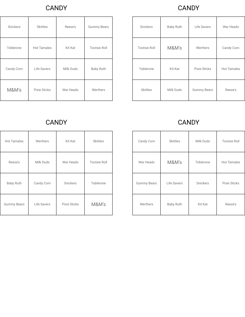 CANDY Bingo Cards