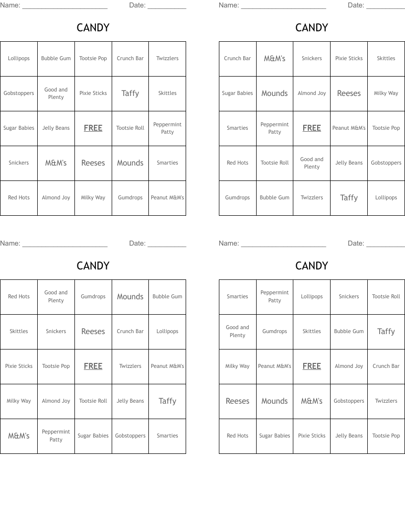 CANDY Bingo Cards