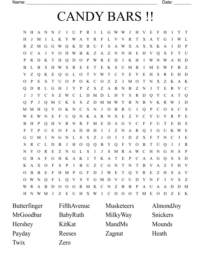 CANDY BARS !! Word Search