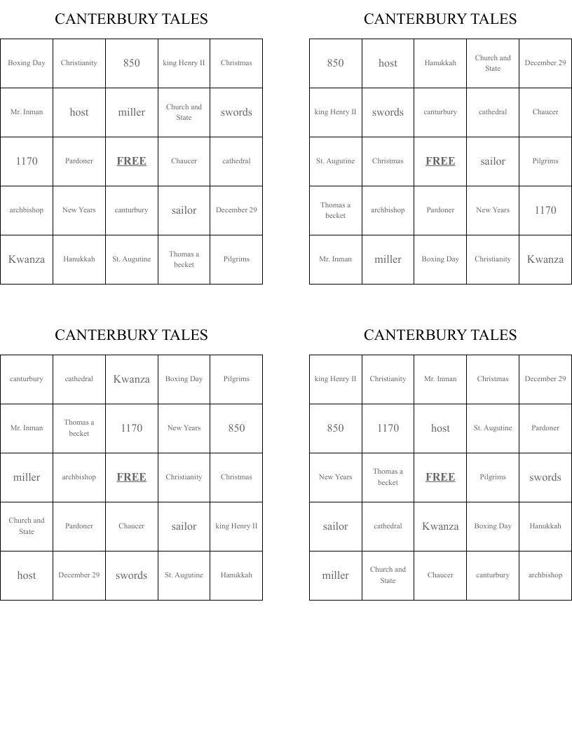 CANTERBURY TALES Bingo Cards