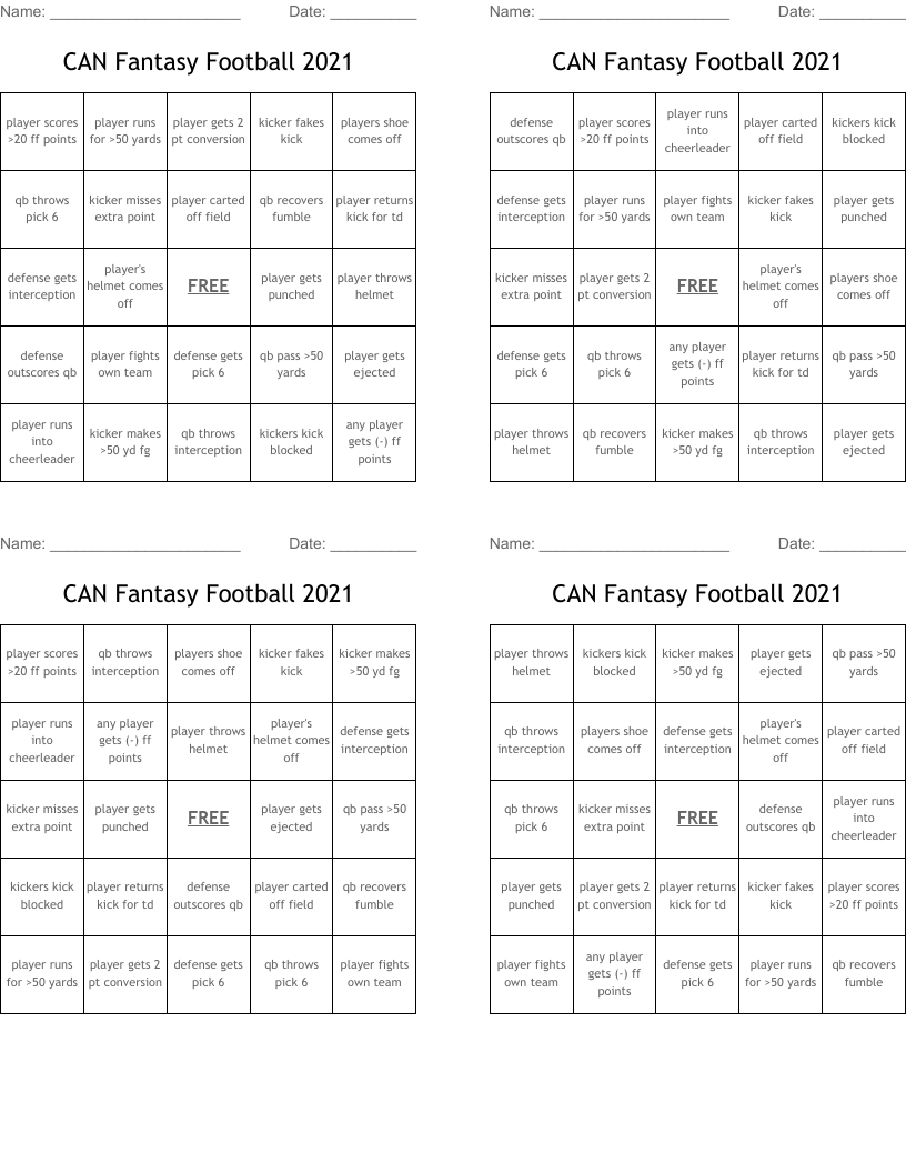 CAN Fantasy Football 2021 Bingo Cards