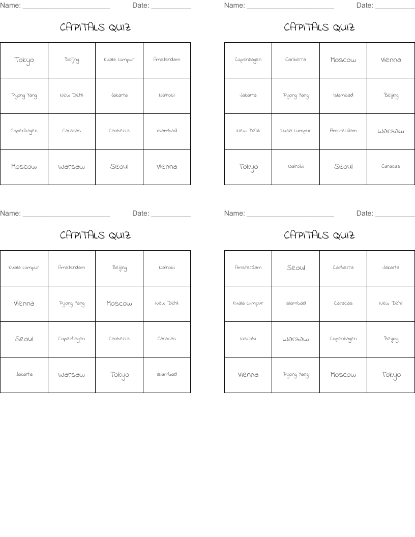 CAPITALS QUIZ Bingo Cards