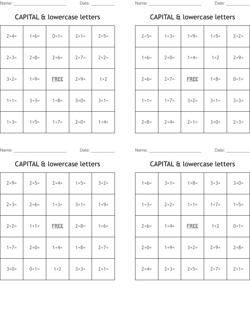 CAPITAL & lowercase letters Bingo Cards