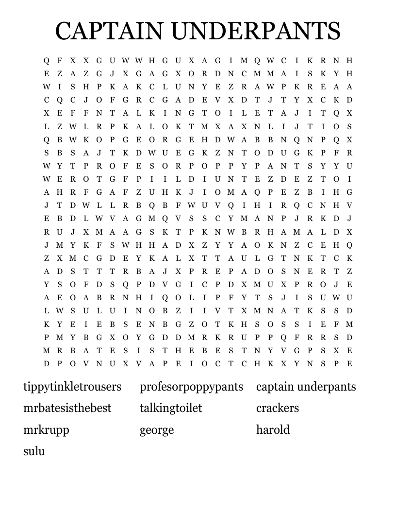 CAPTAIN UNDERPANTS Word Search