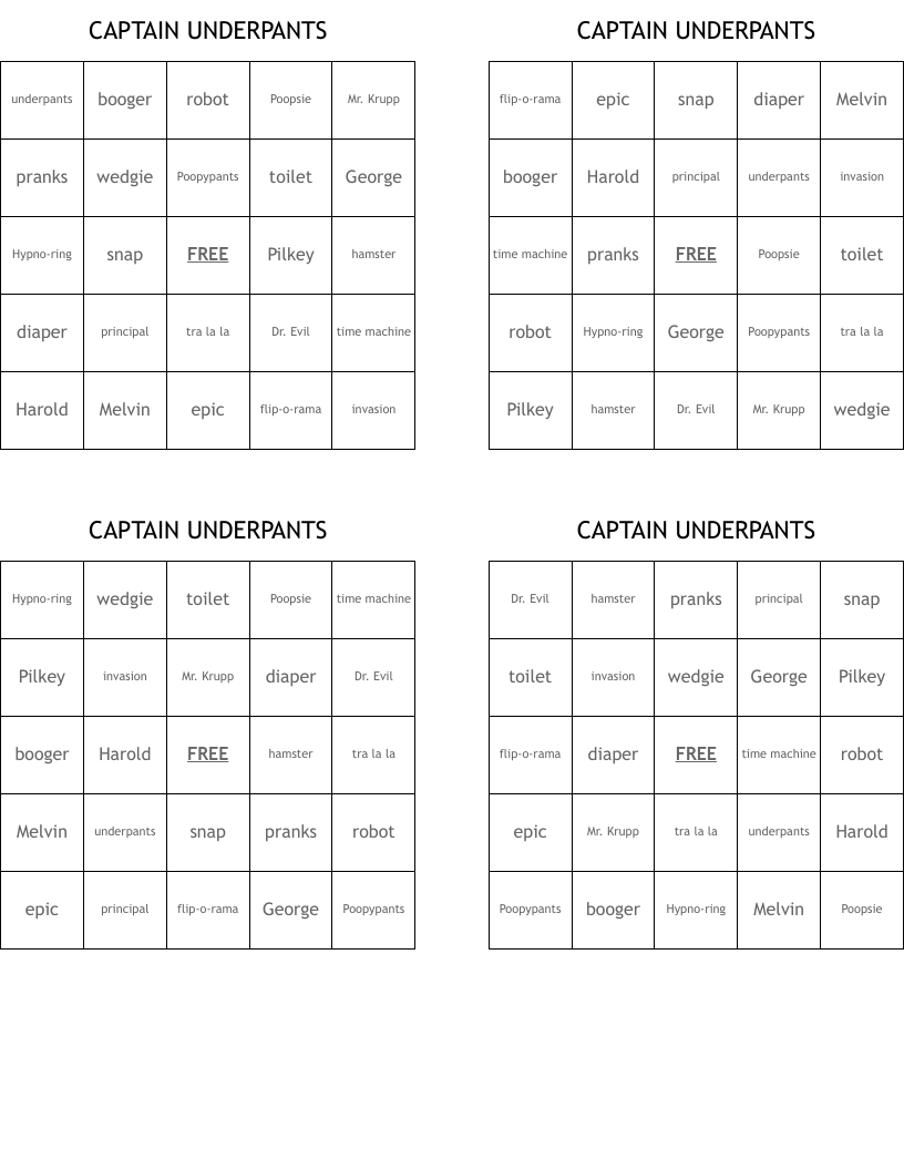 CAPTAIN UNDERPANTS Bingo Cards