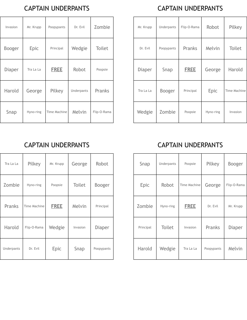 CAPTAIN UNDERPANTS Bingo Cards