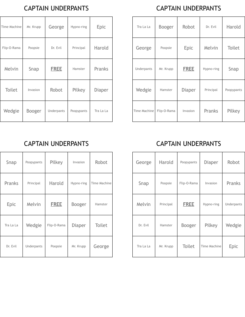 CAPTAIN UNDERPANTS Bingo Cards