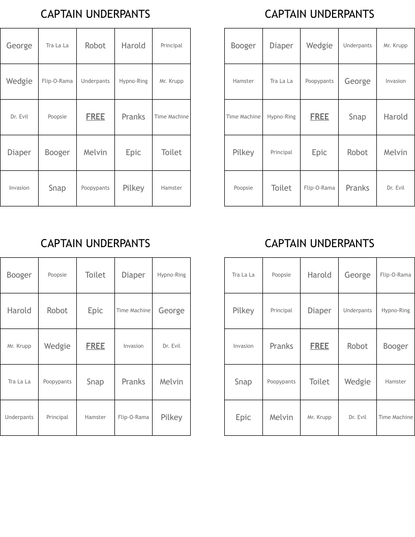 CAPTAIN UNDERPANTS Bingo Cards