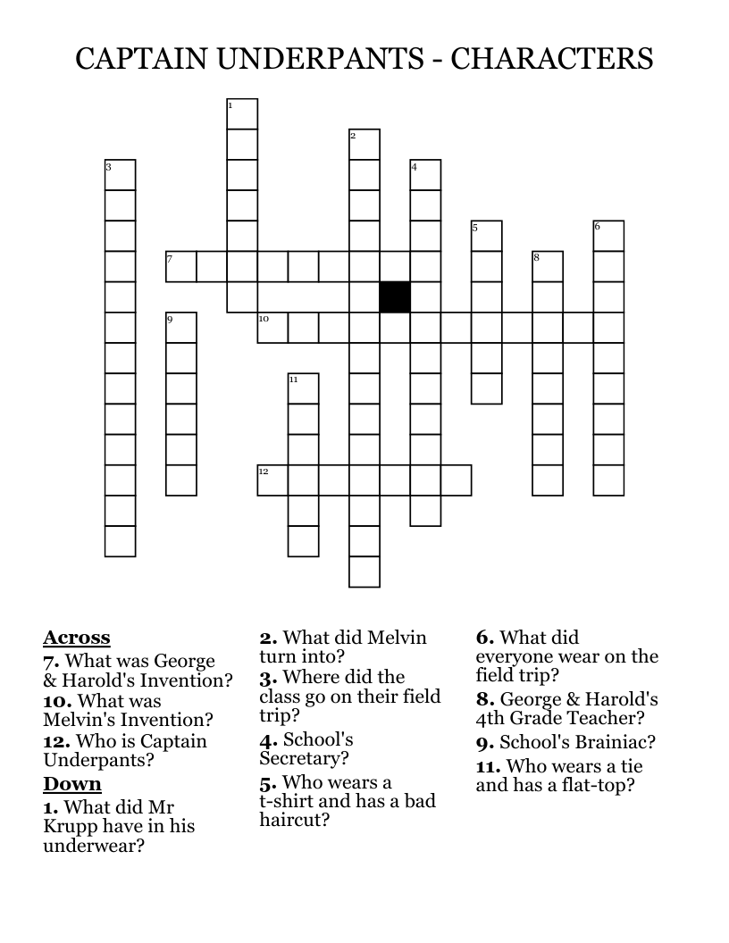 CAPTAIN UNDERPANTS - CHARACTERS Crossword